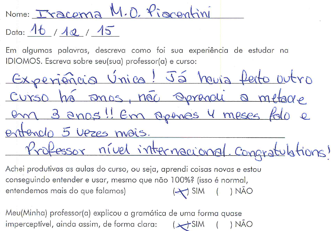 Depoimento original de Iracema M. O. Piacentini
