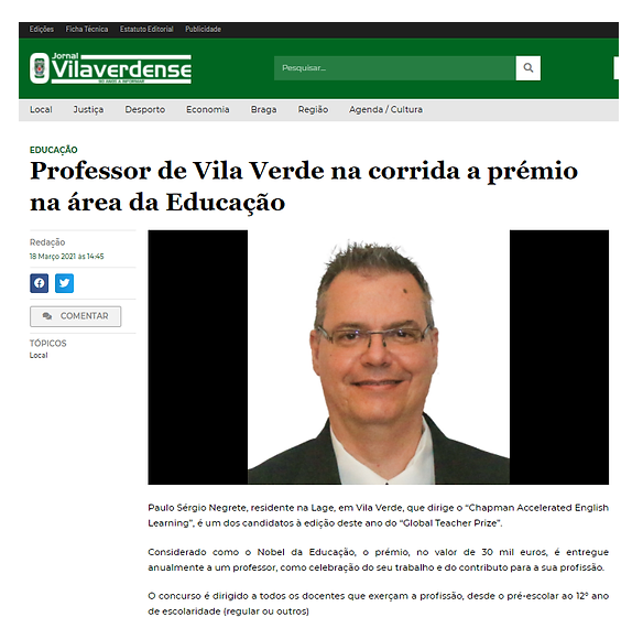 Notícia do Jornal Vilaverdense: Professor de Vila Verde na corrida a prémio na área da Educação