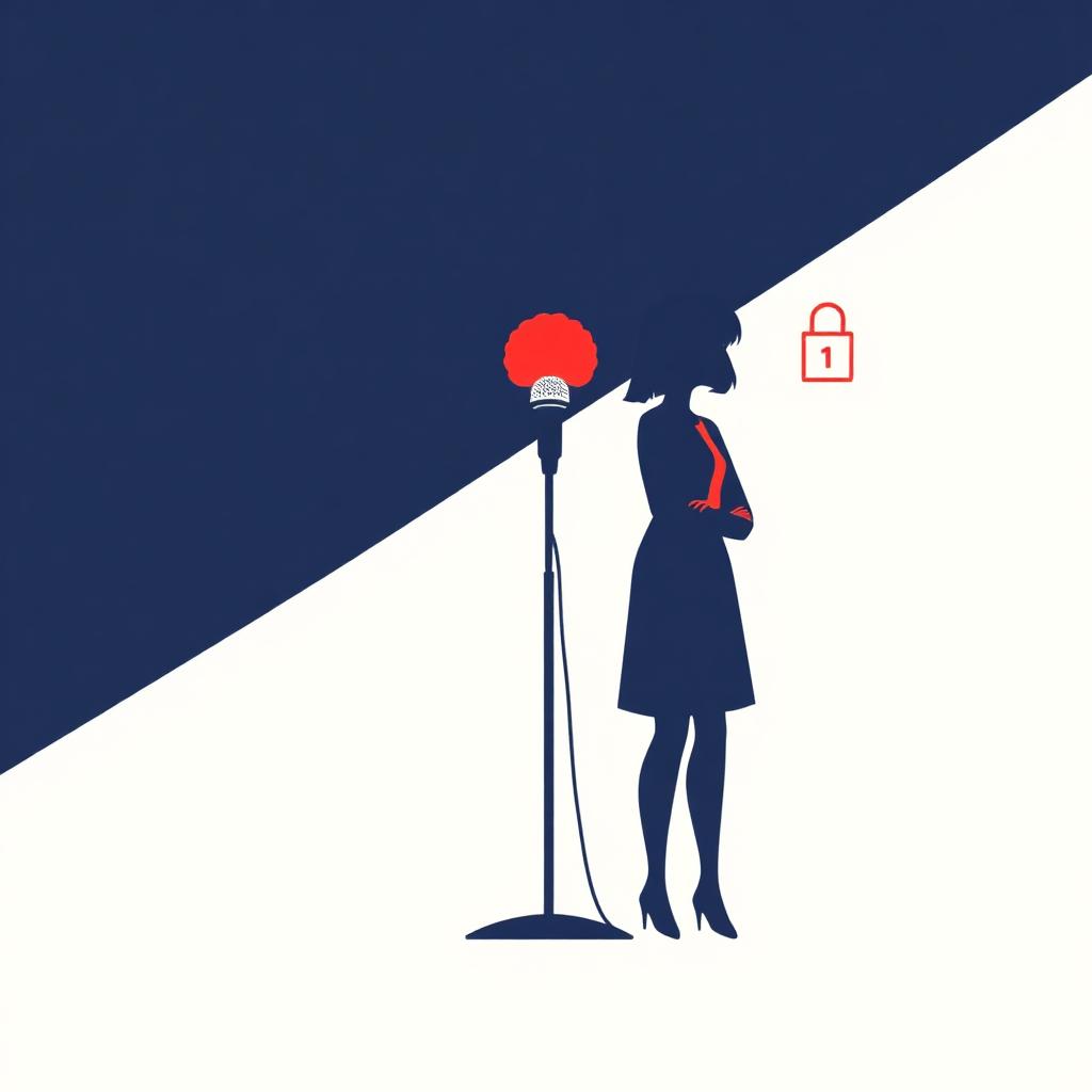 Ilustração de uma pessoa travada diante de um microfone, representando o bloqueio ao falar inglês